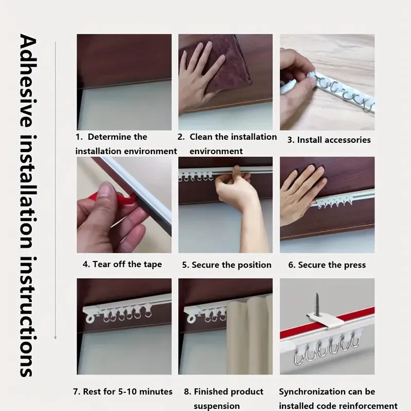 Selbstklebende oder perforierte Dual-Purpose-Vorhangschiene für Decken- oder Wandmontage, geräuschlose Nano-Vorhang-Gleitstange für Vorhänge und Cabi – Detail 10