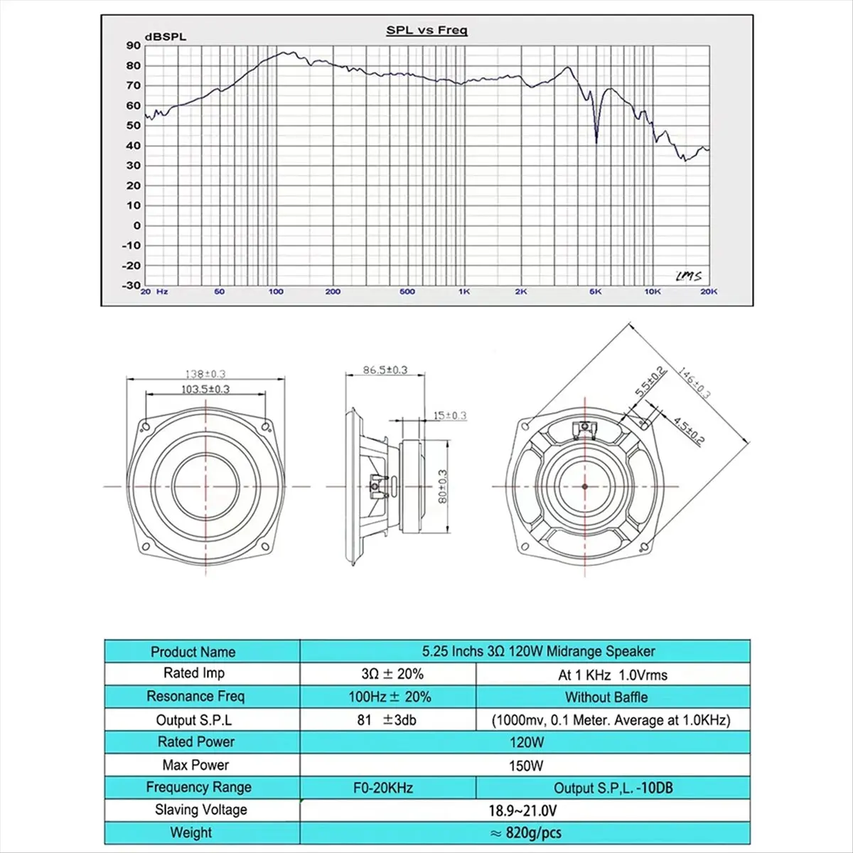 (A26M) Haut-parleur 5,25 pouces 3 ohms 120W pour voiture, basse électronique, clavier électronique, diffusion, enseignement, instrument, haut-parleur large bande