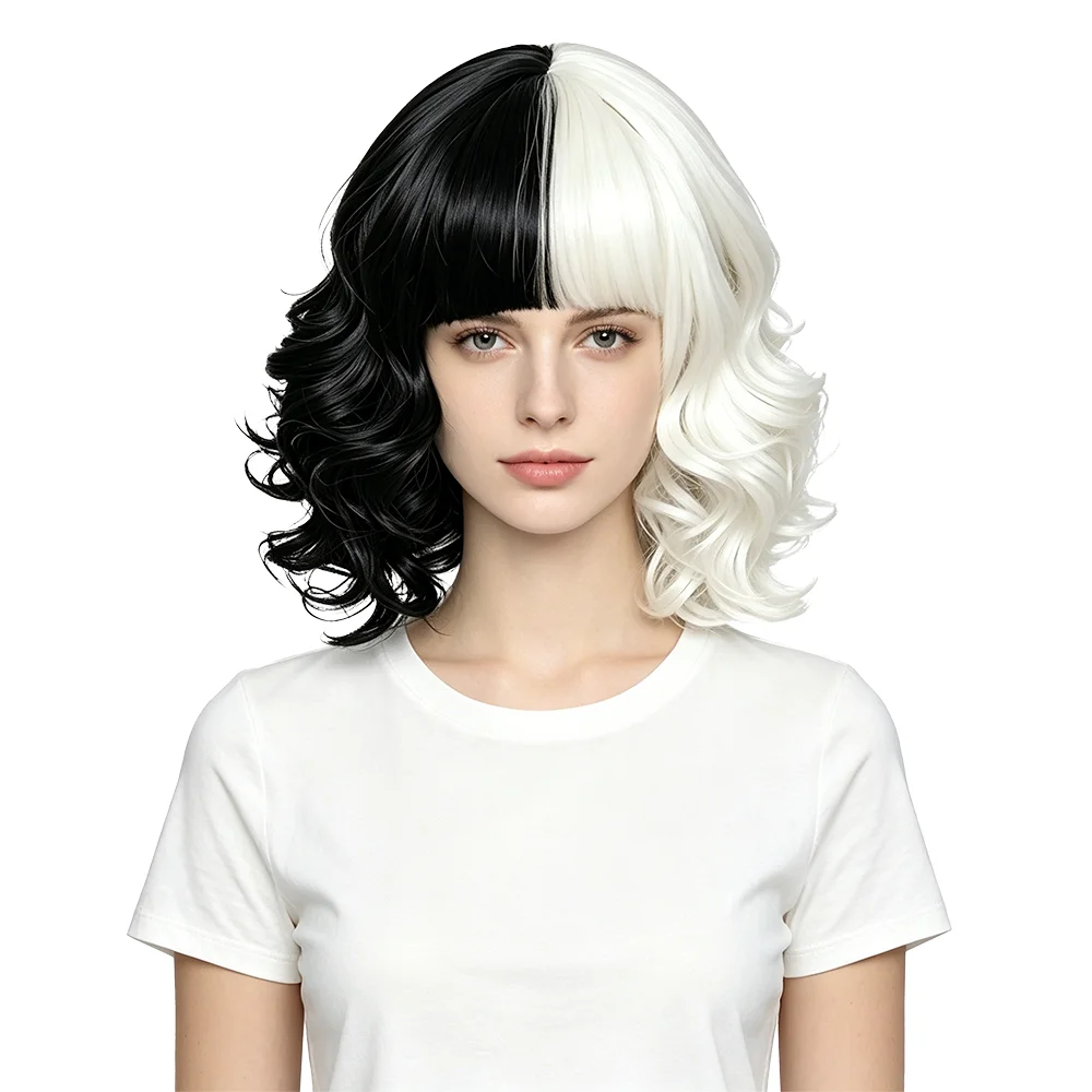 

Halloween Black White Two Tone Short Curly Bob Wig with Bangs Heat Resistant Synthetic Wig For Women Party Cosplay Daily Wear