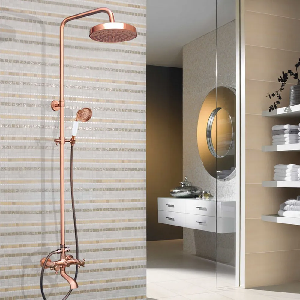 Bathroom Antique Red Copper Wall Mount Shower Set Faucet Double Handle with Handshower Bathroom Shower Mixer Tap Lrg515