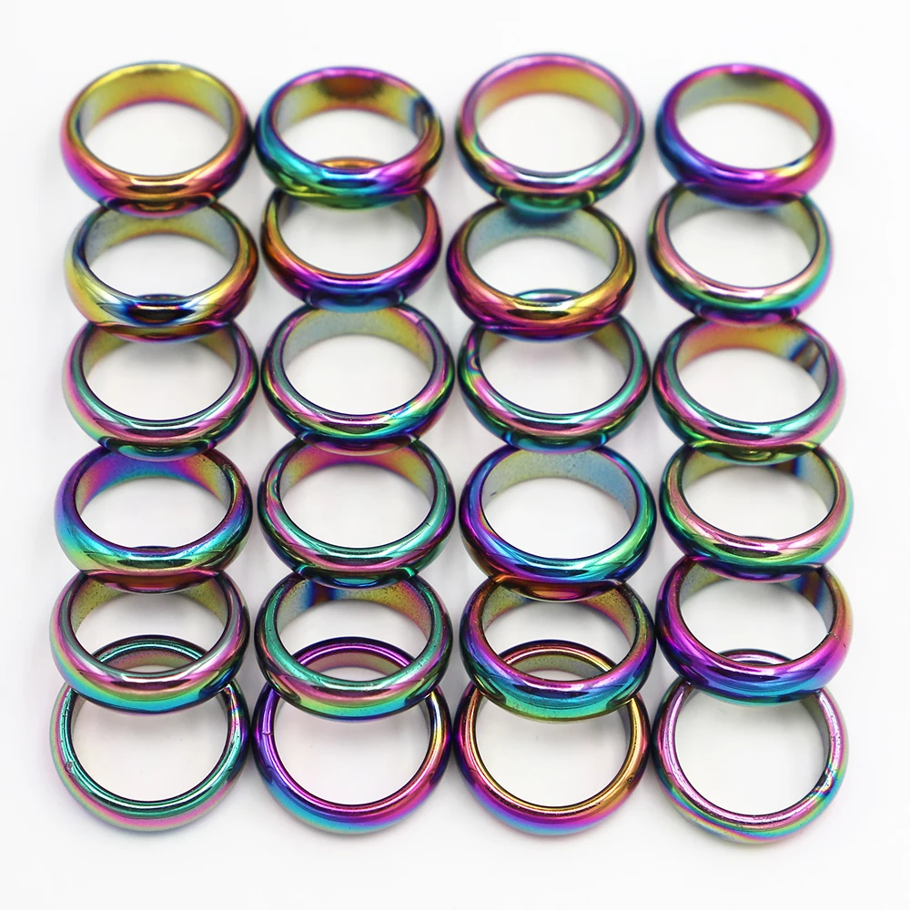 20Pcs/Lot Free Shipping Hot Selling 6 MM Rainbow Black Gallstone Hematite Ring Plane Non-magnetic Simple Trend Jewelry Wholesale