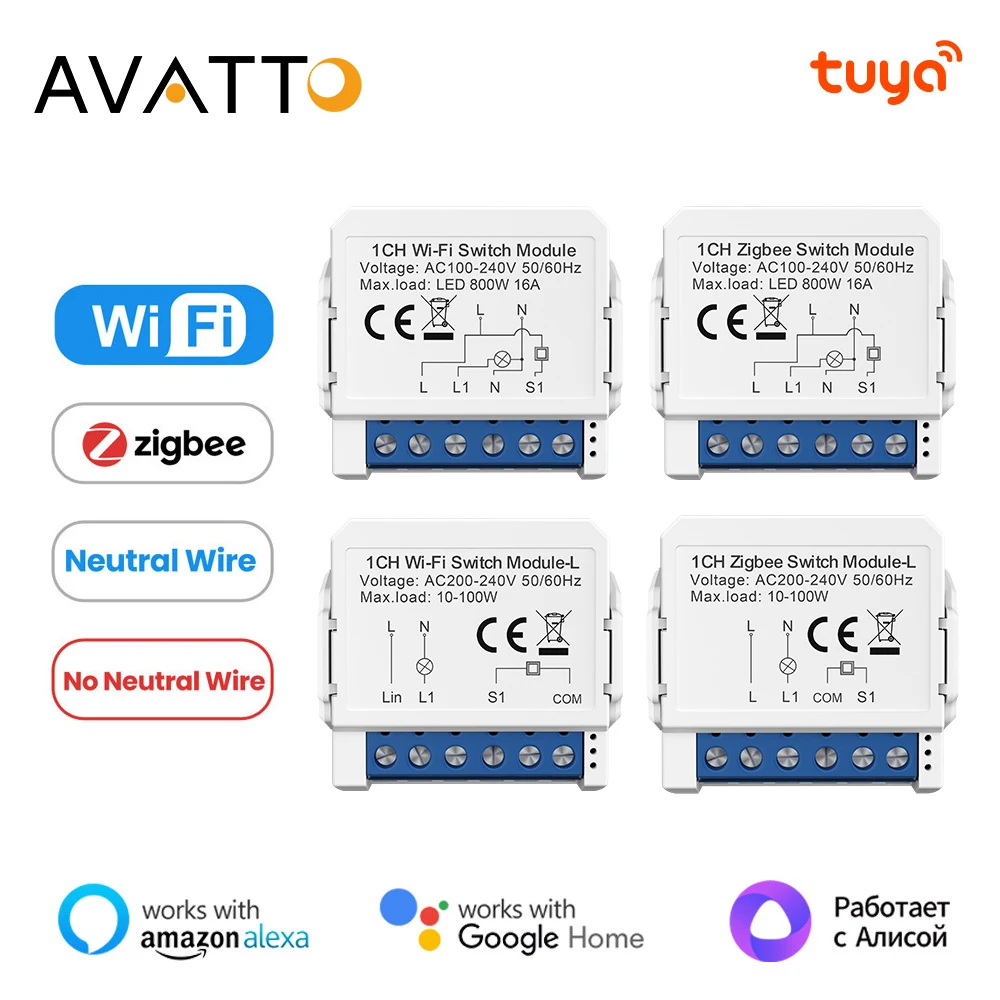 AVATTO Tuya WiFi/Zigbee Smart Light Switch Module，Neutral Wire/No Neutral Wire Control DIY Breaker Support Alexa, Google Home