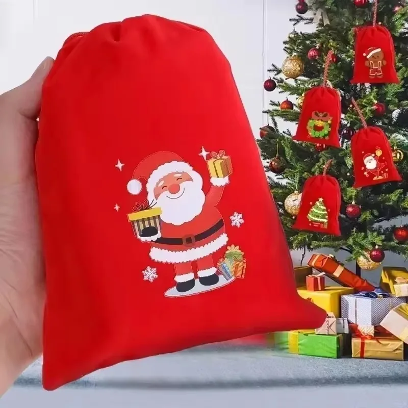 1-20PCS Drawstring Christmas Velvet Bags Red Gift Holders Packaging Bag Candy Biscuit Pouch Merry Christmas New Year Storage Bag