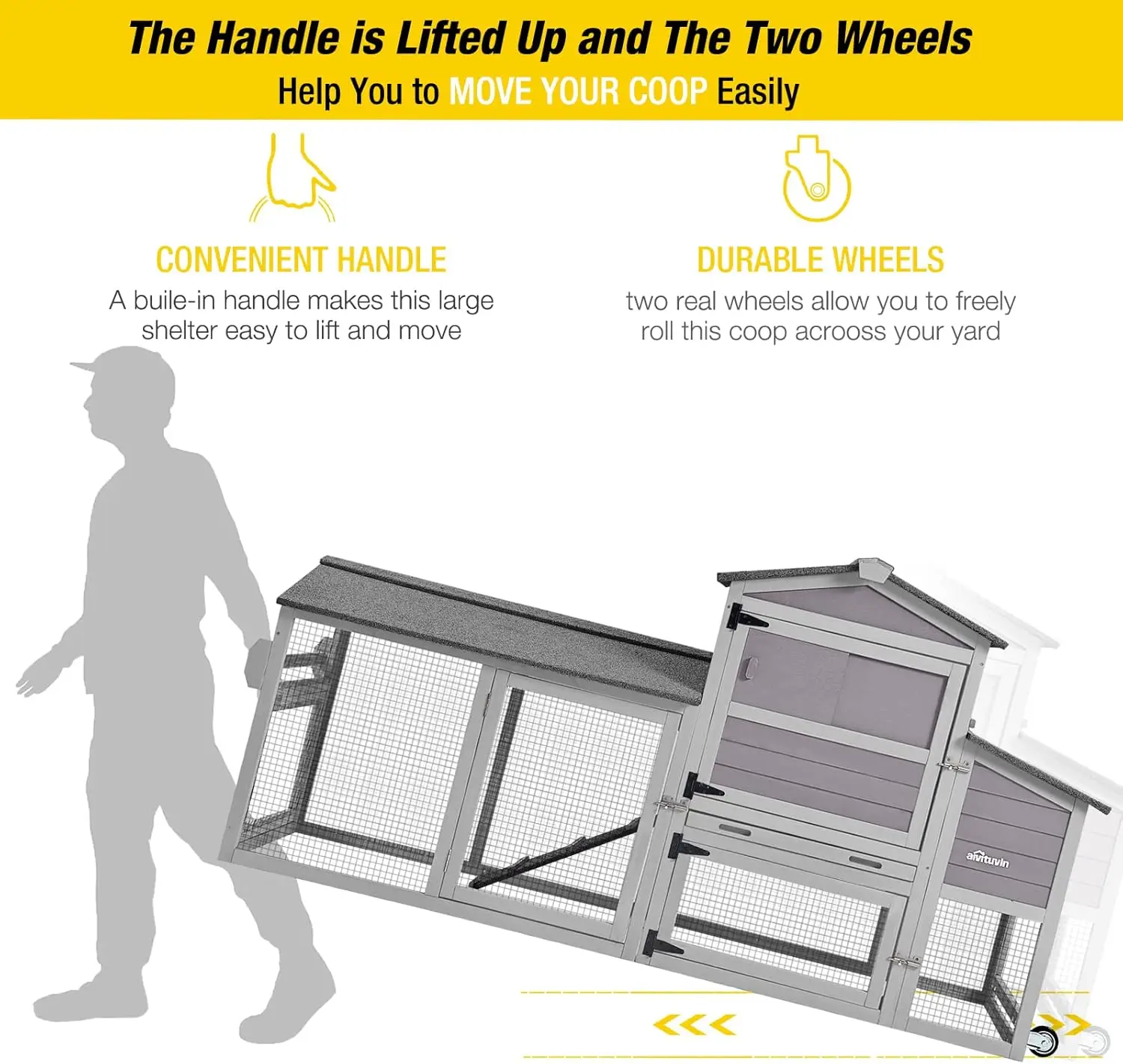 80in حظيرة الدجاج المتنقلة بيت الدجاجة قفص الدواجن الخشبي في الهواء الطلق مع صندوق التعشيش بعجلات