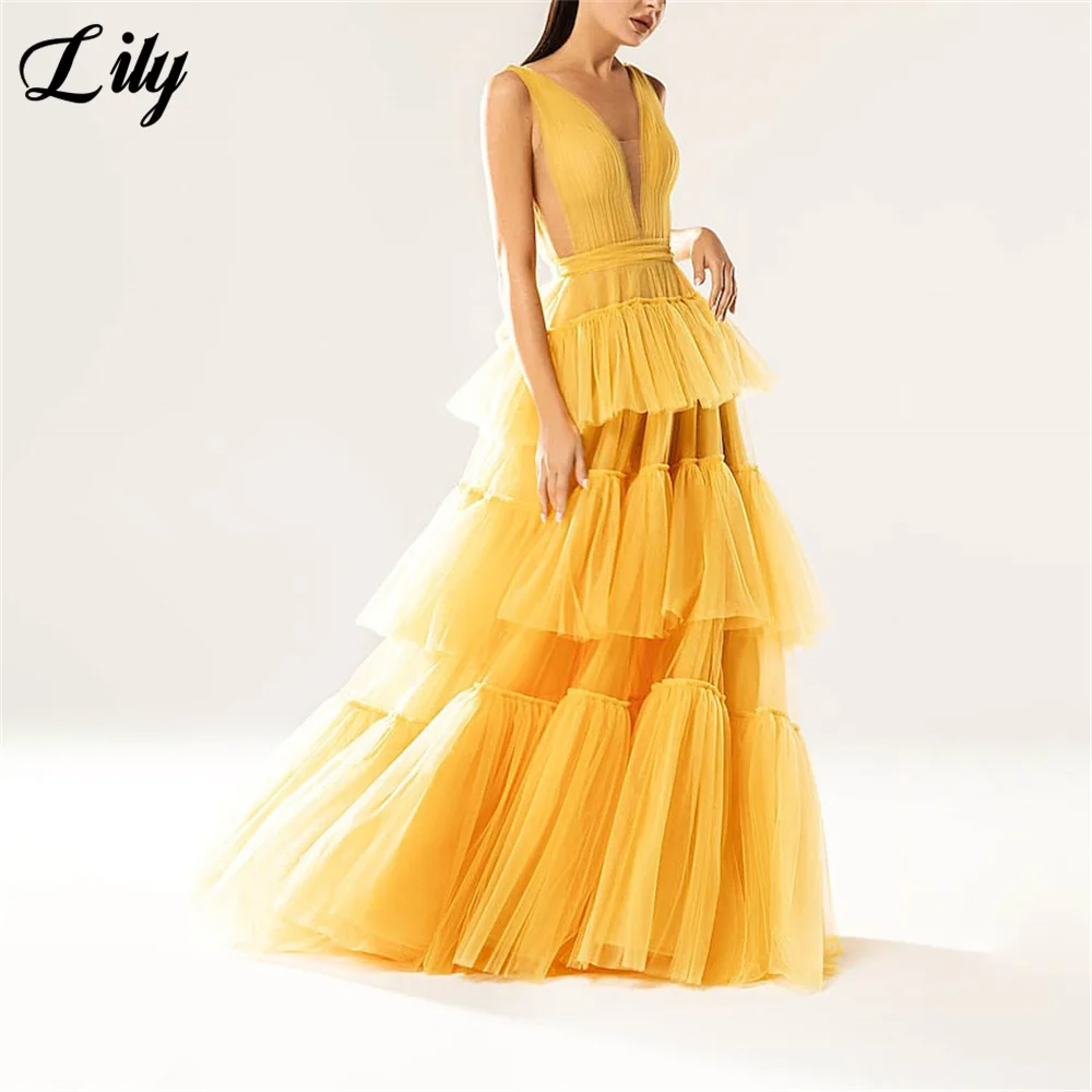 Lily Pink Tiered Layer Evening Gown Tank Sleeveless Elegant Prom Dresses Net Backless Wedding Evening Dress robes de soirée