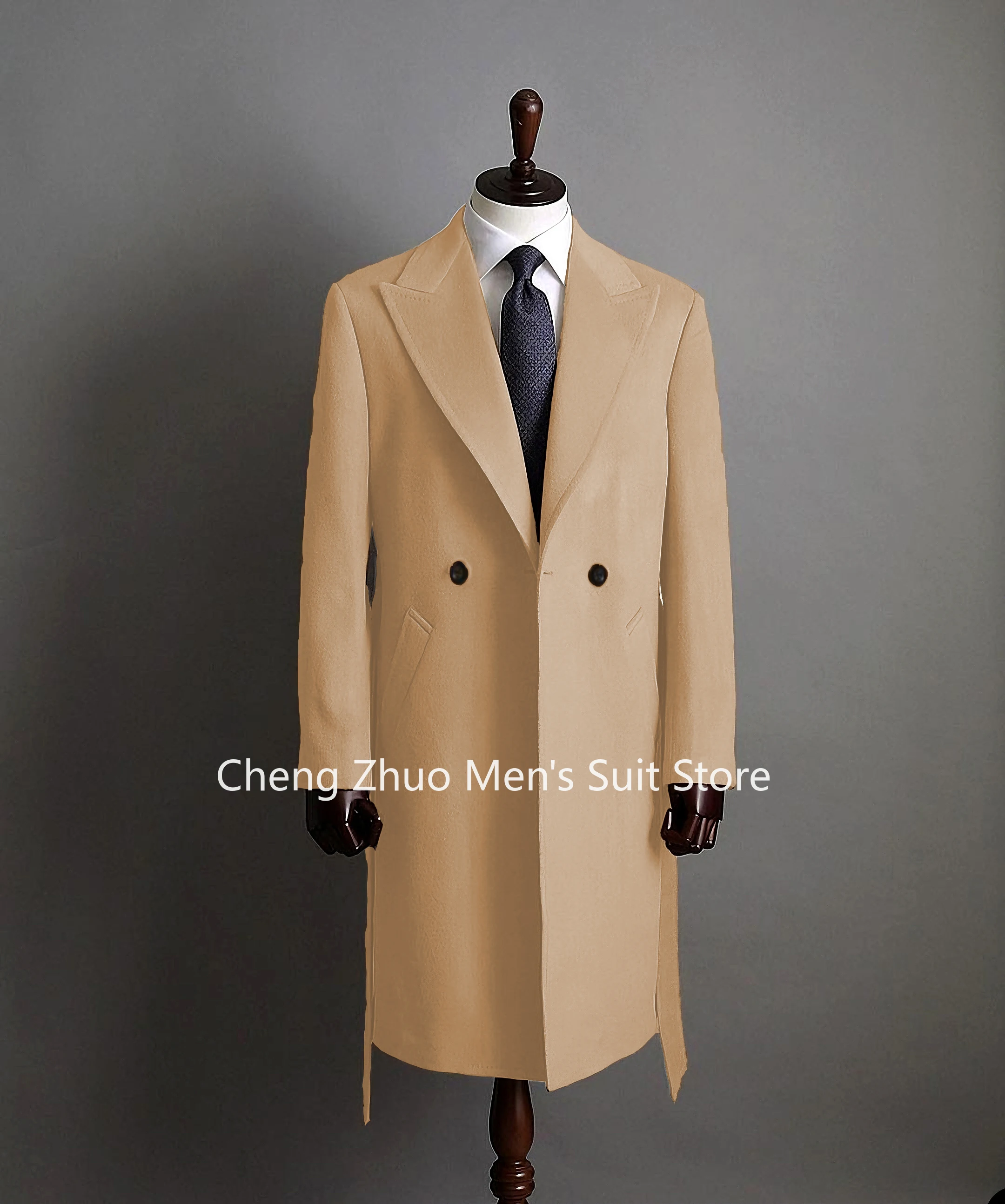 Modern Men's Trench Coat Peaked Lapel Slim Fit Double Breasted Casual Long Business Banquet Coat Jacket Men's Coats