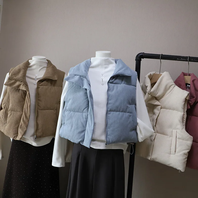 

Корейский стиль, однотонный вельветовый хлопковый жилет, женский жилет без рукавов с воротником-стойкой, верхняя одежда, новое повседневное короткое теплое пальто