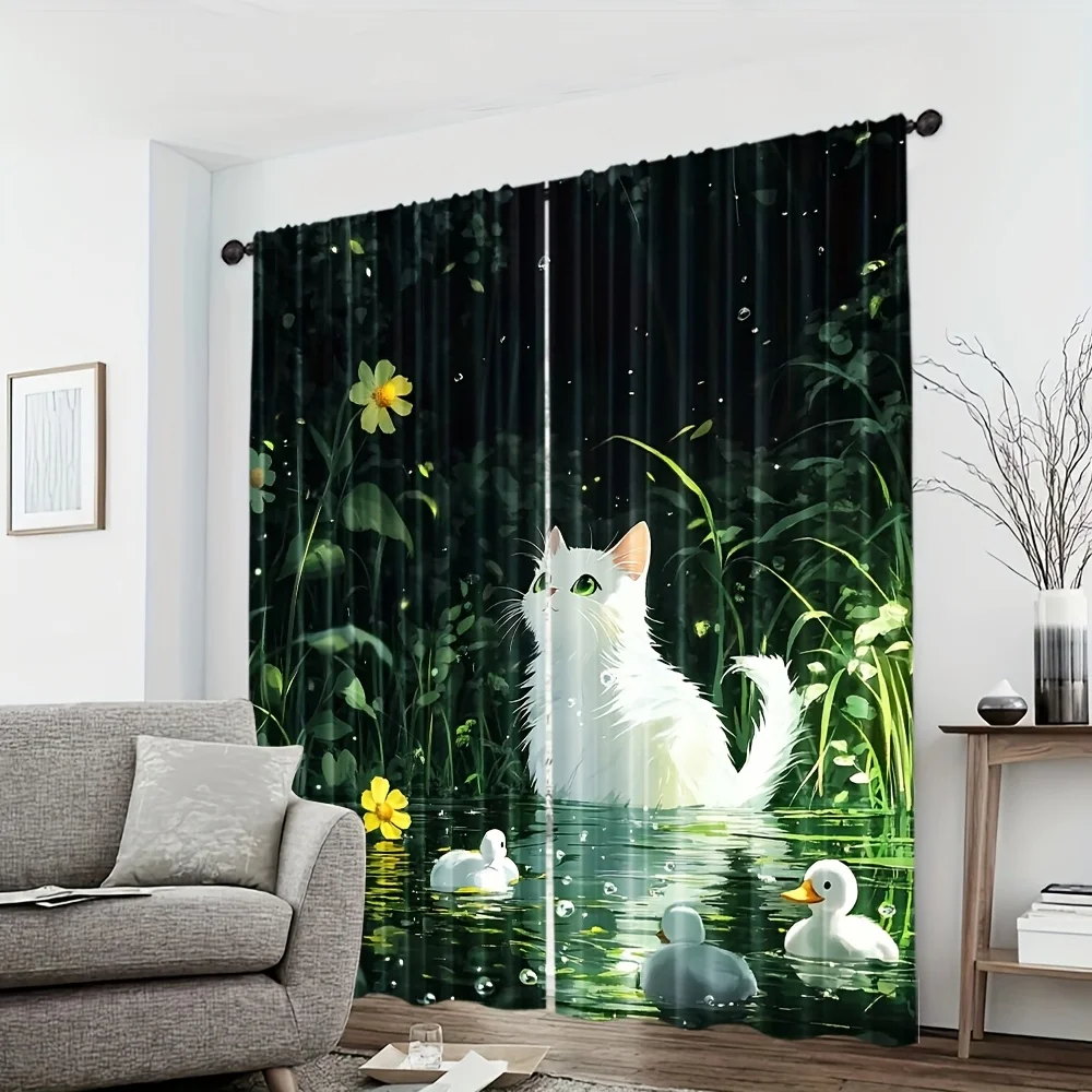 Two Pieces Featuring Art Deco Style White Cats And Ducks Set Against a Lush Green Pond Backdrop, Made of Polyester, Designed for