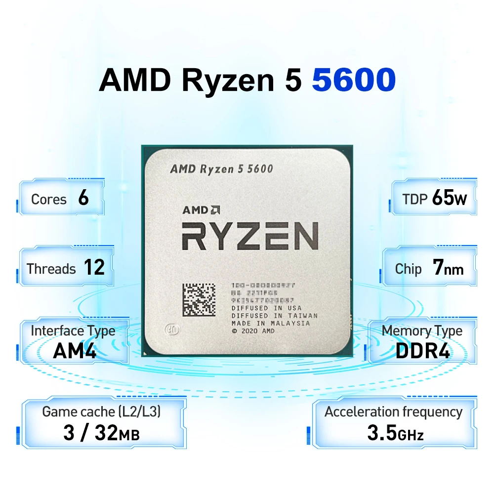 معالج AMD R5 5600 L3=32M مقبس AM4 3.5 جيجا هرتز 6-Core 12-Thread 65 وات ينطبق على B550 Ryzen 5 5600 7NM DDR4 بدون مروحة
