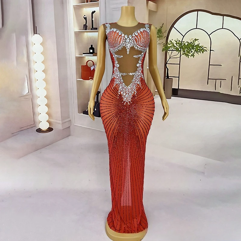 

Red Heavy Industry Rhinestone Temperament Hip Dress Adult Model Catwalk Trendy New Year's Day Party Dress Vestidos De Graduación