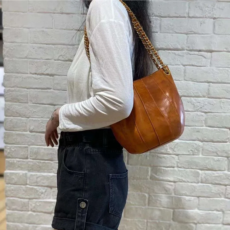 Women Chain Bags Luxury Handbags Top Quality Patchwork Bucket Handbag Female Vegetable Leather Vintage Shoulder Crossbody Bags