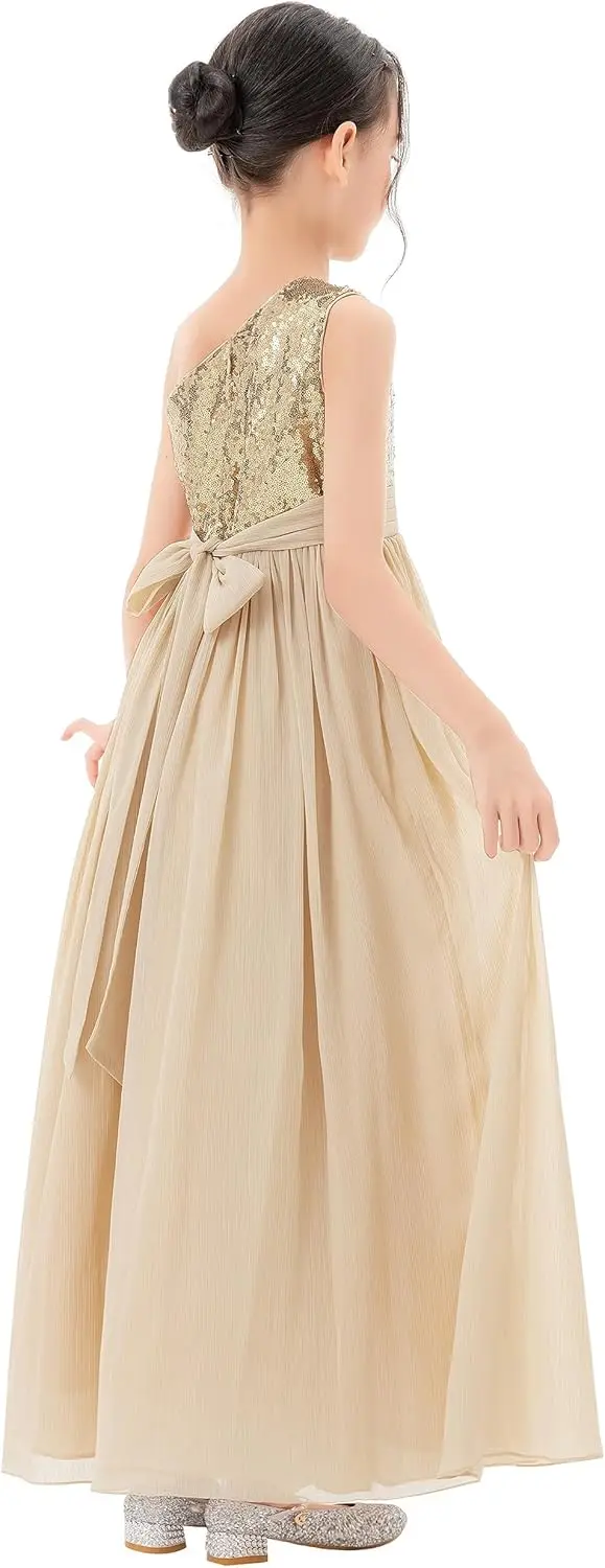 Ekidsbridal One-Shoulder-Blumenmädchenkleider aus Chiffon mit Pailletten, besondere Festzugskleider für Mädchen