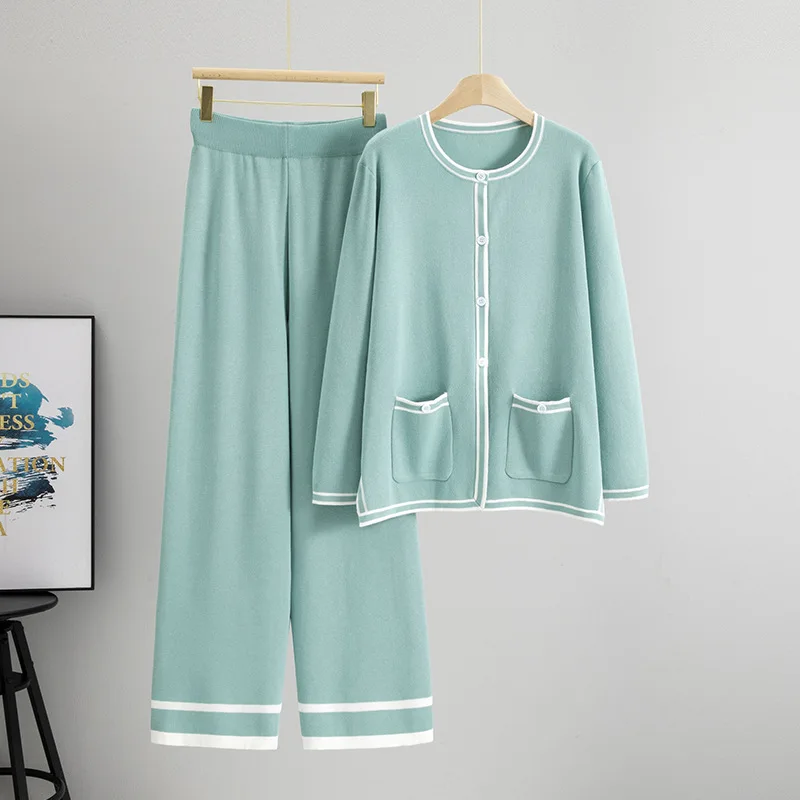Greenora Retro Downtown Girl Korean Fashion Y2K Sweater Bodycon Ribbed Knit Cardigan Knit Wide Leg Pants SetMatching Set Sweater