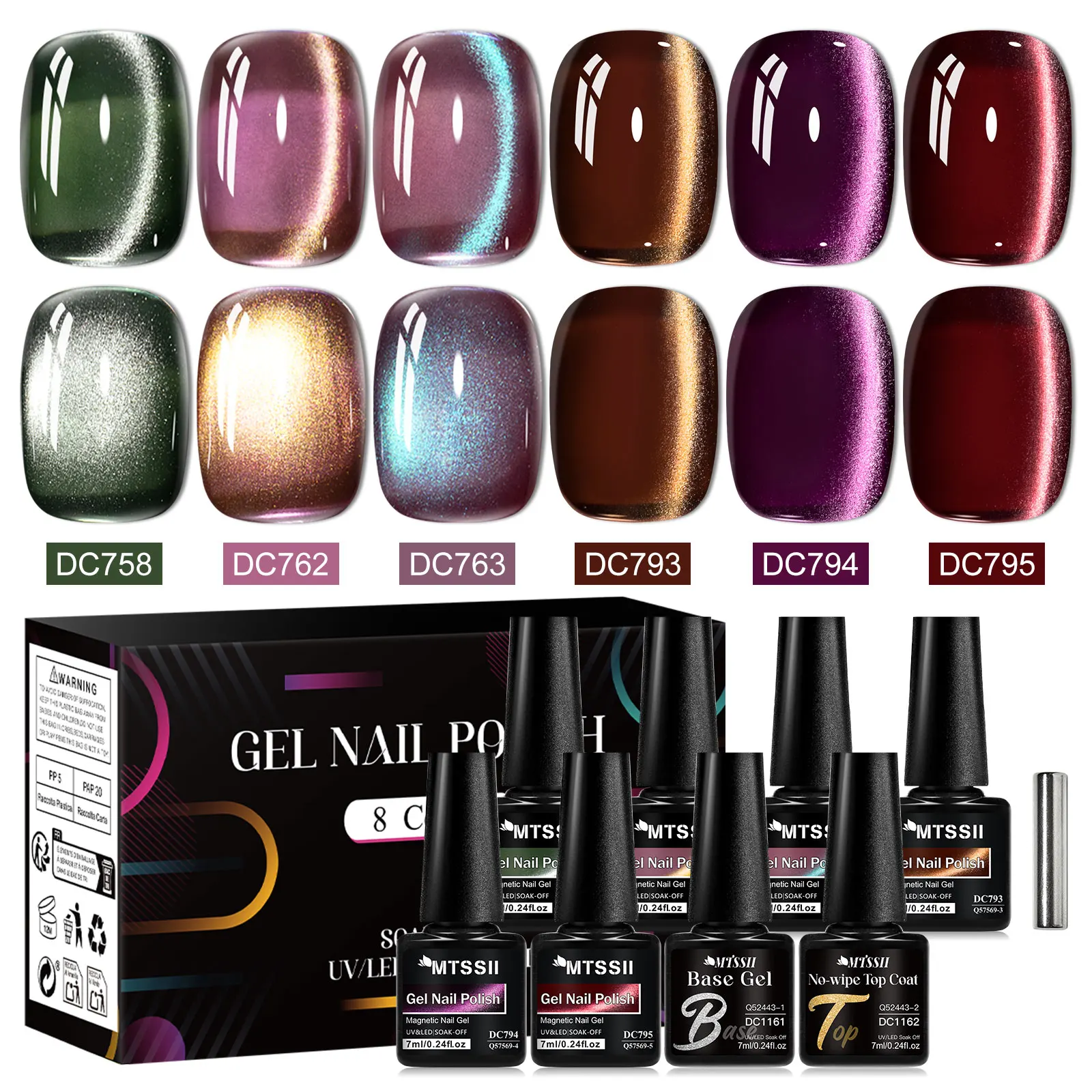 8pcs 젤리 유리 구슬 고양이 마그네틱 젤 매니큐어 세트 자석 스틱베이스 젤 탑 코트 세미 퍼머넌트 UV 젤 키트 끄기