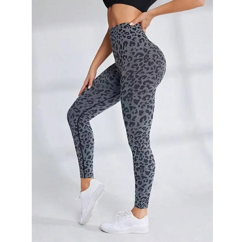 Damskie legginsy sportowe z wysokim stanem, bezszwowe, w panterkę, do jogi, modelujące biodra, treningowe, fitness, outdoorowe.