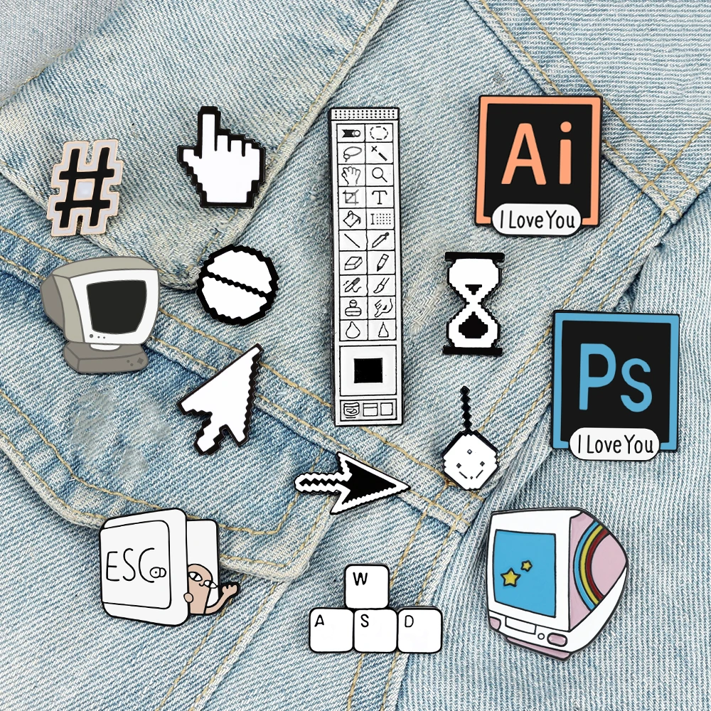 Creative Computer Cursor PS AI Enamel Pins Photoshop Toolbar TV ESC WASD Keyboard Brooches Badge for Programmer Backpack Jewelry