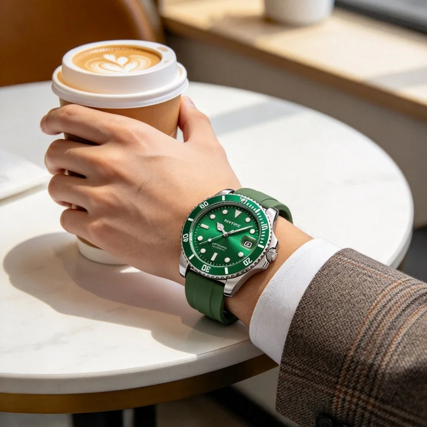 Men Classic Automatic Watch Green Dial 21 Jewels, Rotating Bezel Silicone Strap Zinc Alloy Case Date Display Business Dress