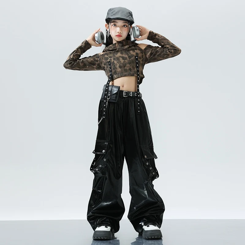 Kids Jazz Dance Off Shoulder Long Sleeve Tops Cargo Pants Outfit Hip-hop Suit Street Dance Clothes Catwalk Show Costumes DQL9813