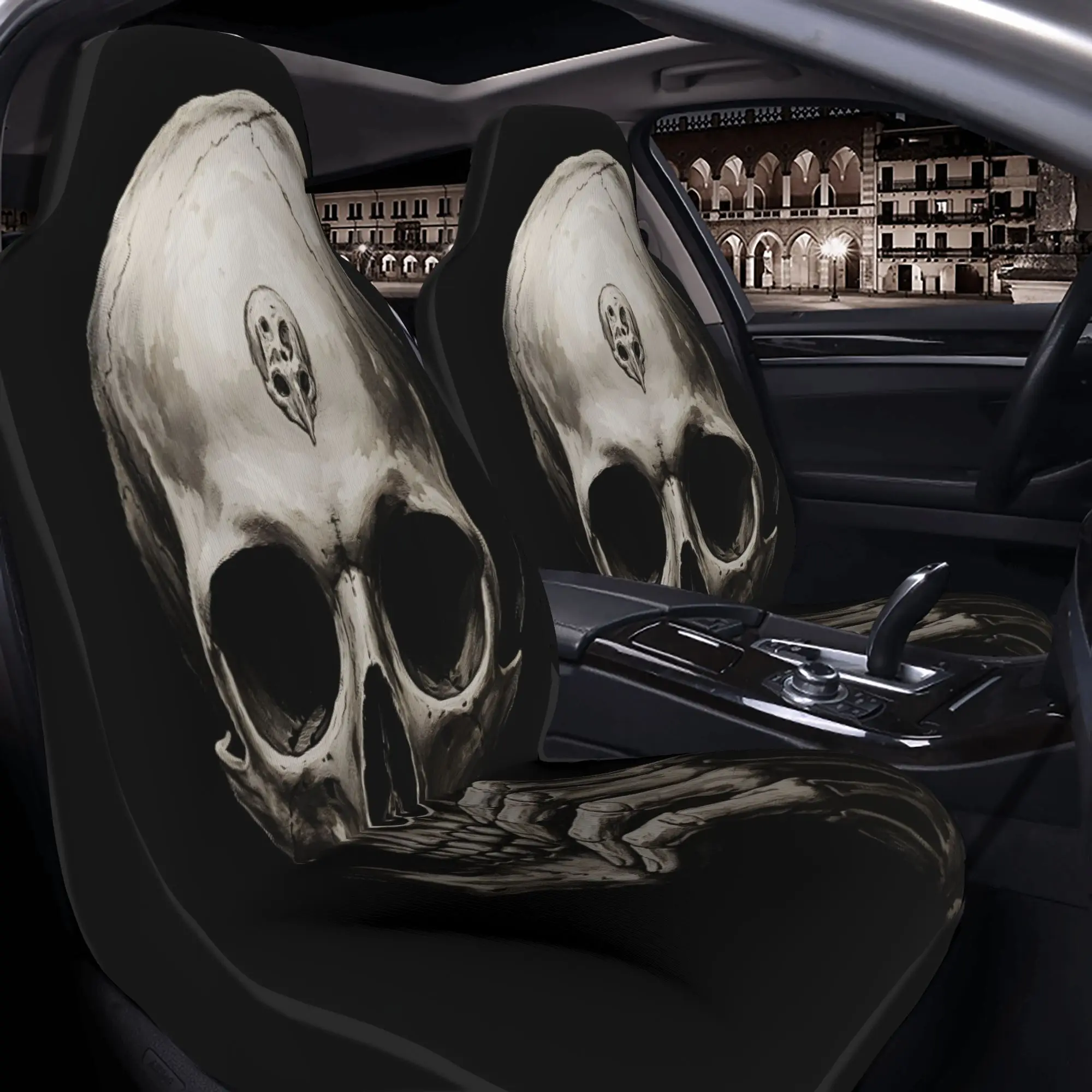 2pcs A Somber Human Skull With A Tiny Bird Skull On Its Forehead, Hand Resting Thoughtfully On Its ChinCar Seat Covers, Suitable