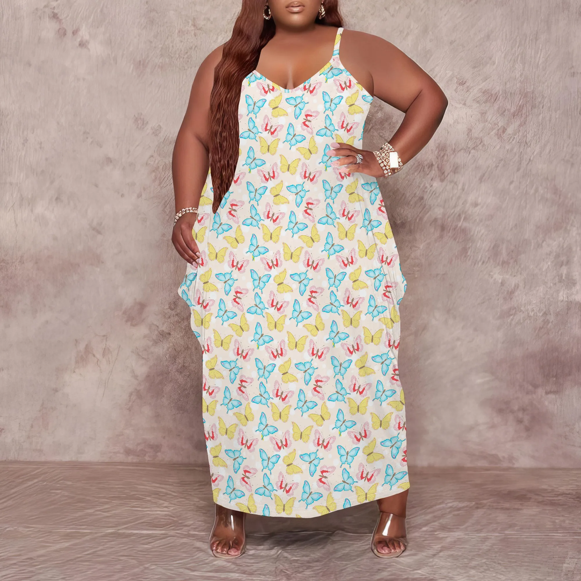 Women's Plus Size Dress Loose Halter Long Dress with Pocket Stretchy Casual Butterfly Print XL-6XL​