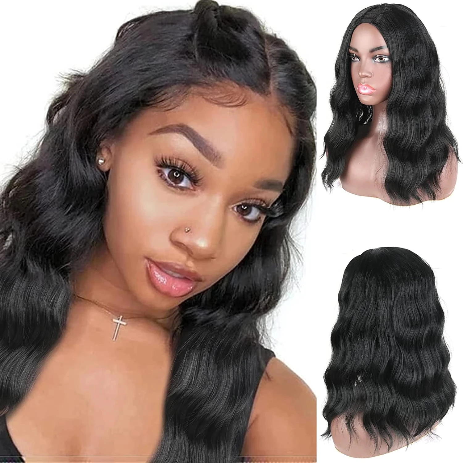 8-16inch Body Wave  Synthetic U Part Wig Natural Black Full Wigs U Part Wig Short Bob Wavy Wig for Black Women U Shape Wig Daily