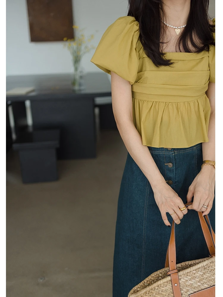 

Ele Square Collar Bubble Sve Top Slimming ort Sle Women's Summer irt from Wang Fei Home Korean Version Loose Fit