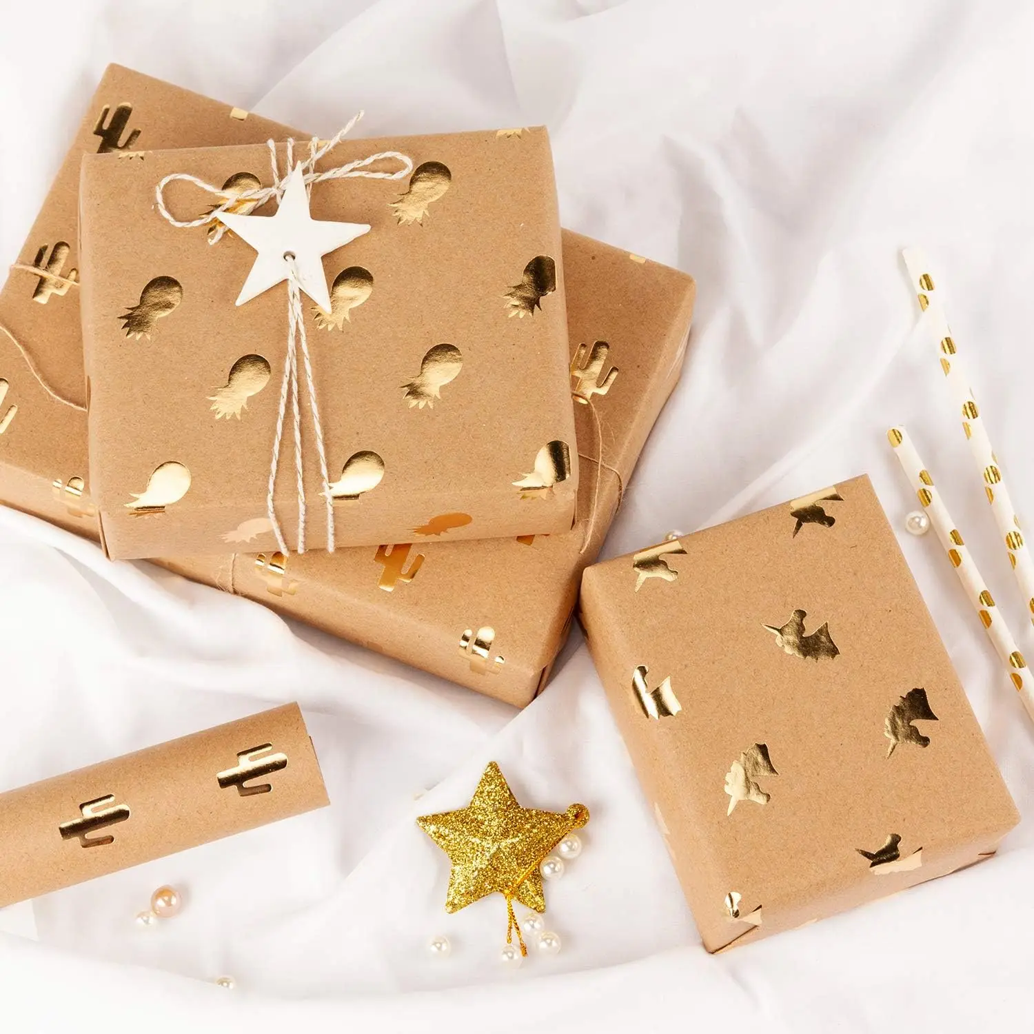 

6-Sheet 17.5x30" Gold Foil Kraft Paper Roll, Unicorn/Pineapple/Cactus Design, for Birthday, Holiday, Wedding Wrap.
