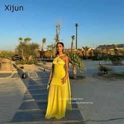 Xijun Baby Yellow Chiffon Evening Dresses Ruched Elegant Prom Dresses Pleated Side Slit Backless Beach Prom Gowns Saudi Arabric