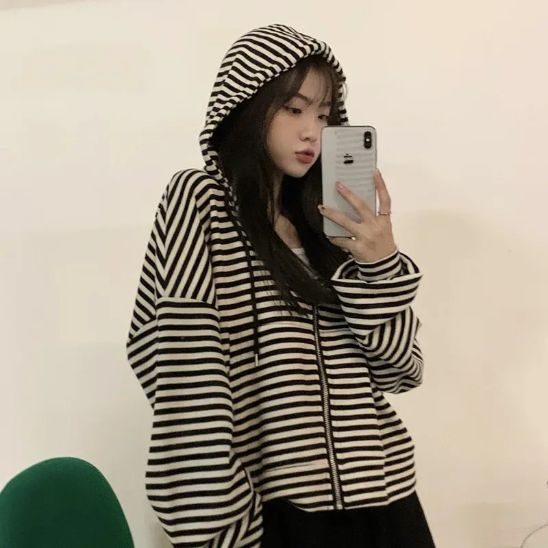 

Striped Long Sleeve Zipper Women's Hooded Sweatshirts Korean Fashion Female Hoodies Autumn Winter Casual Loose Streetwear Y2K