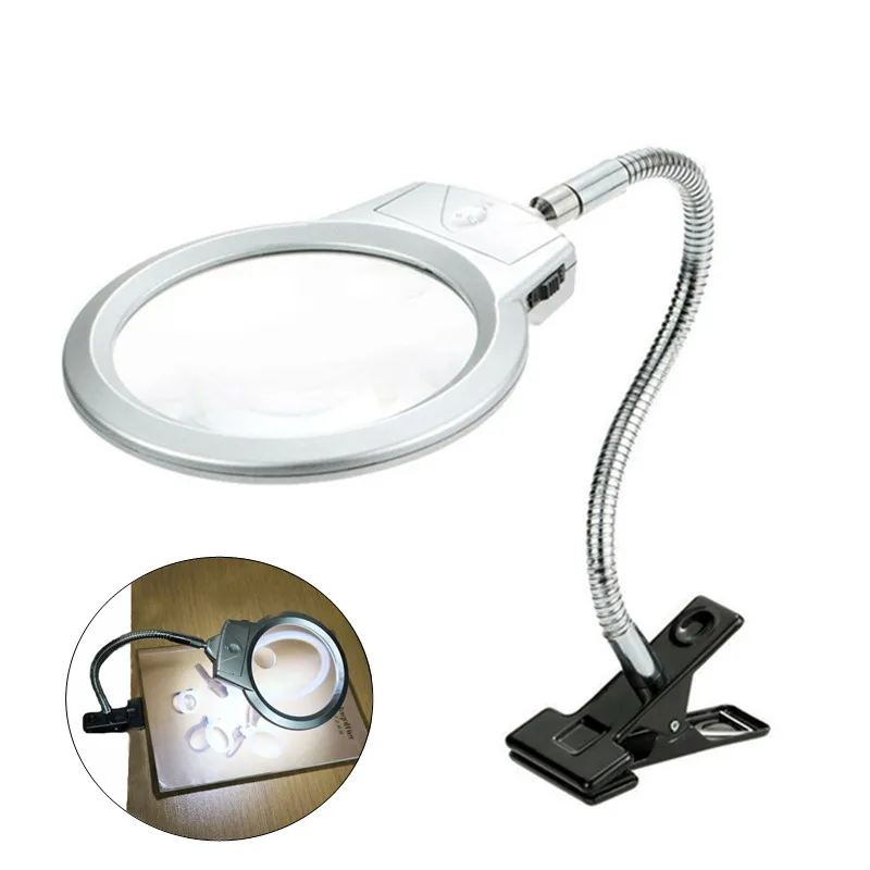 

2.5X 5X Magnifier 2 LED Light Magnifying Glass Top Desk Magnifier With Clamp for Diamond Painting Reading Loupe Tools