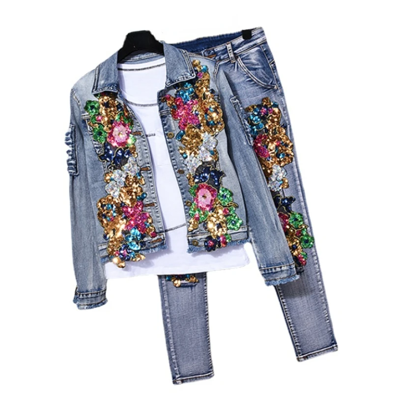 European Style Denim Suit Fashion Outfit Women New Flower Sequined Denim Jacket Short Jacket & Jeans Pants Two-Piece Set Female