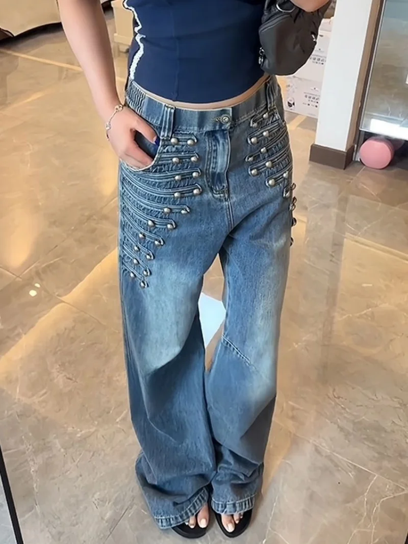 Street Retro Hot Girl Jeans Metal Buckle Straight Leg Wide Leg Pants Long Trousers for Trendy Women