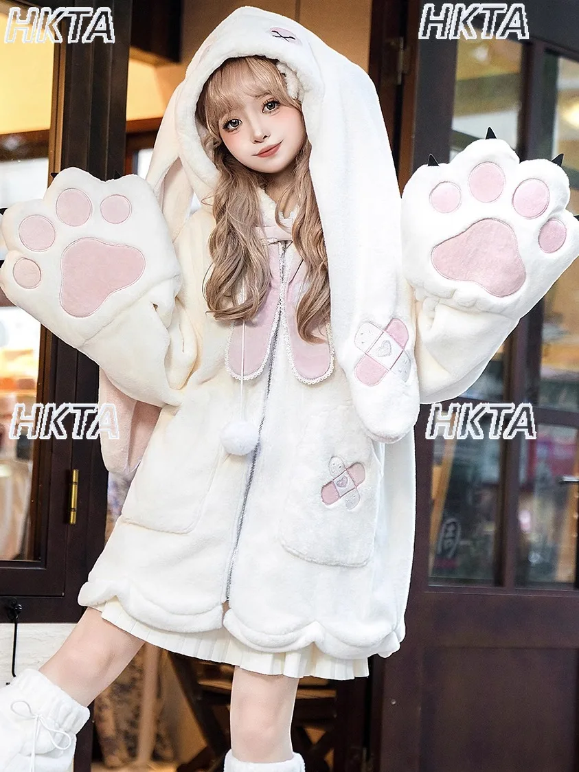 Original Lolita Furry Coat Winter New Daily Cute Girl Embroidered Hooded Warm Fur Coats Leg Warmers Set Winter Clothes Women