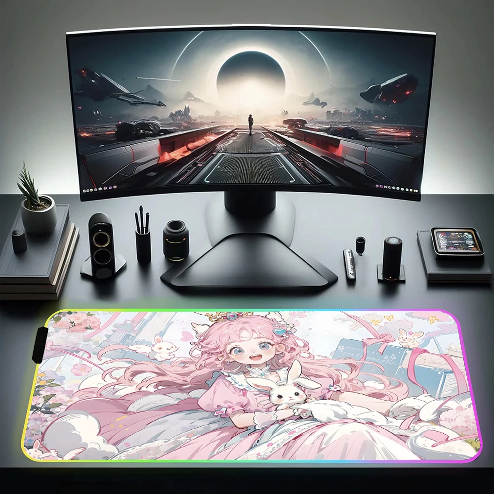 

Cute Anime Girls Gaming Mouse Pad RGB Locking Edge Large Mouse Mat Extend 900x400mm With Backlit LED Mousepad Gamer Accessories