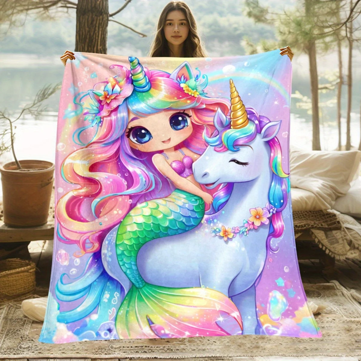 

Unicorn Mermaid Princess Flannel Blanket - Magical Pastel Colors (Pink, Blue, Green, Purple, Rainbow) - Extra Large 60x80in - He