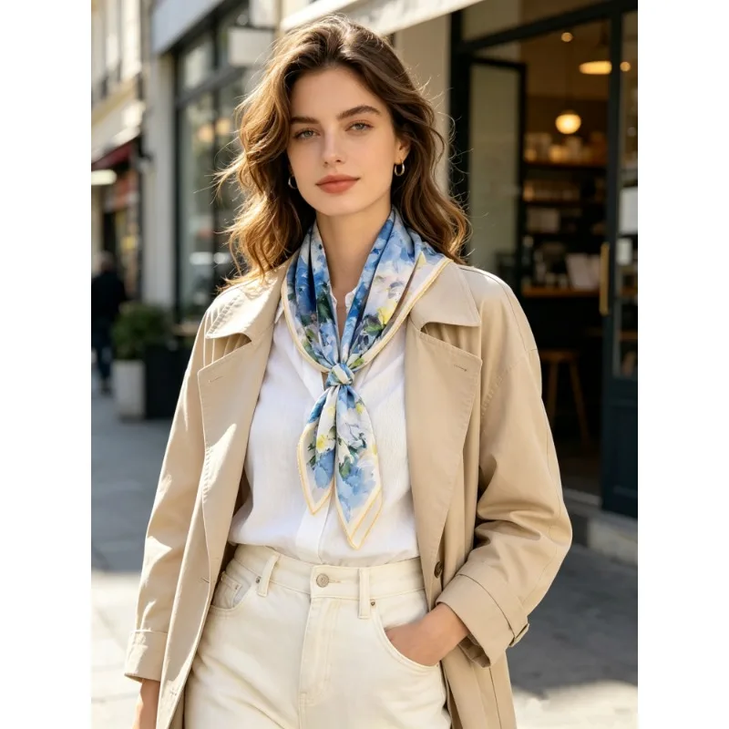 100% Mulberry Silk Square Scarf Impressionist Blue Hydrangea Oil Painting Print Bandana Minimalist Yellow Trim Neck Head Wrap