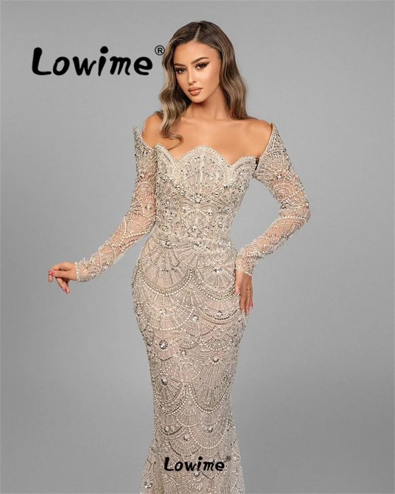 Lowime Robe Beaded Arabic Evening Dress Gorgeous Off Shoulder Mermaid Wedding Party Dresses Sparkly Crystal Prom Gowns Customize