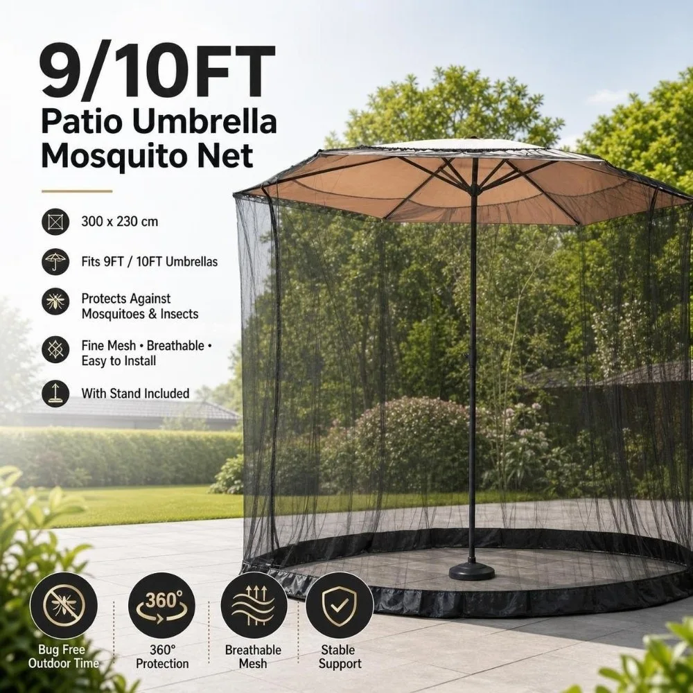 Adjustable Patio Umbrella Mosquito Netting Fine Mesh Zipper Parasol Bug Screen Net Anti Insect 9/10 FT Mosquito Net Cover