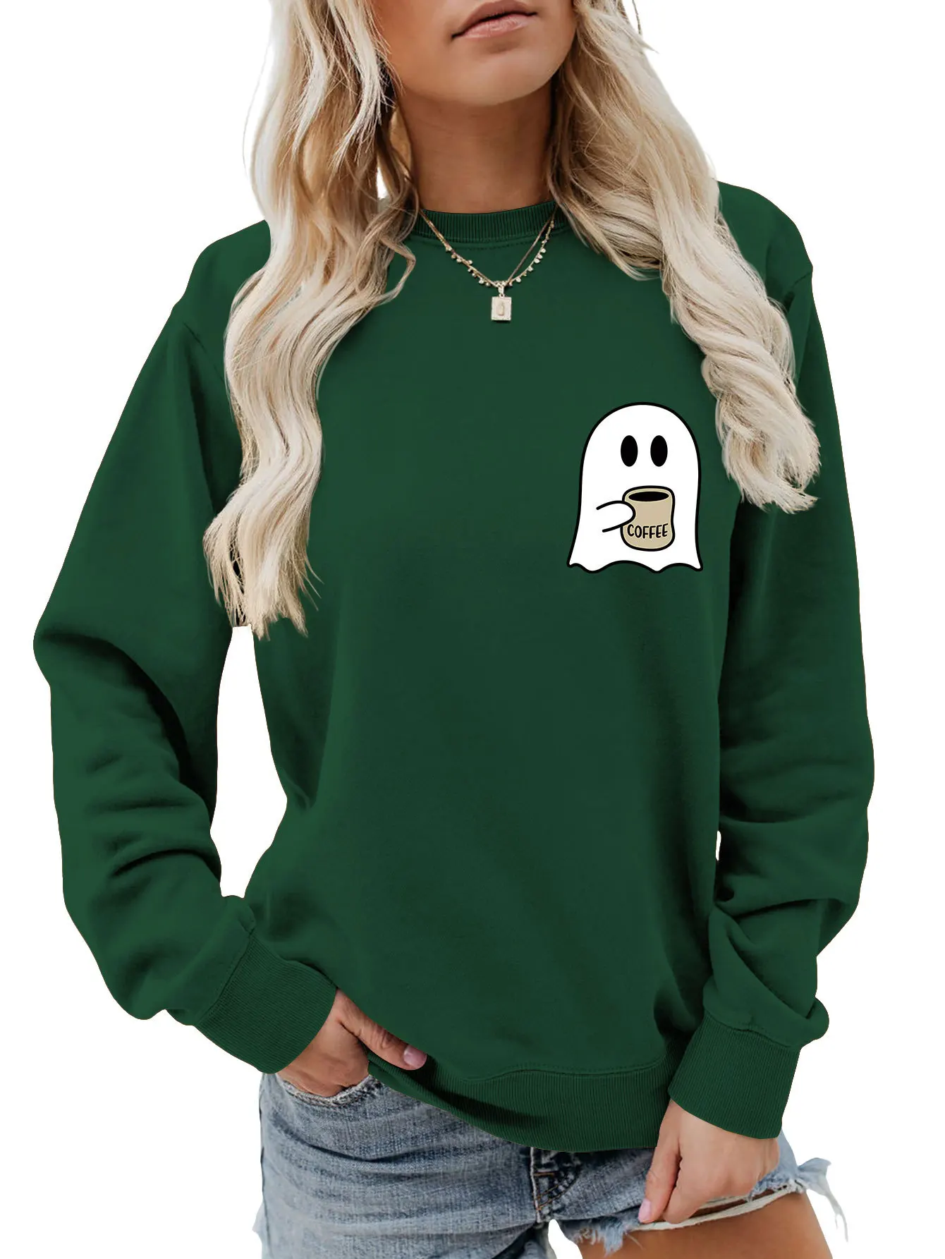 Autumn women's hoodie ghost drink water simple printed top fashion loose crew neck hoodie casual long sleeve hoodie jumper