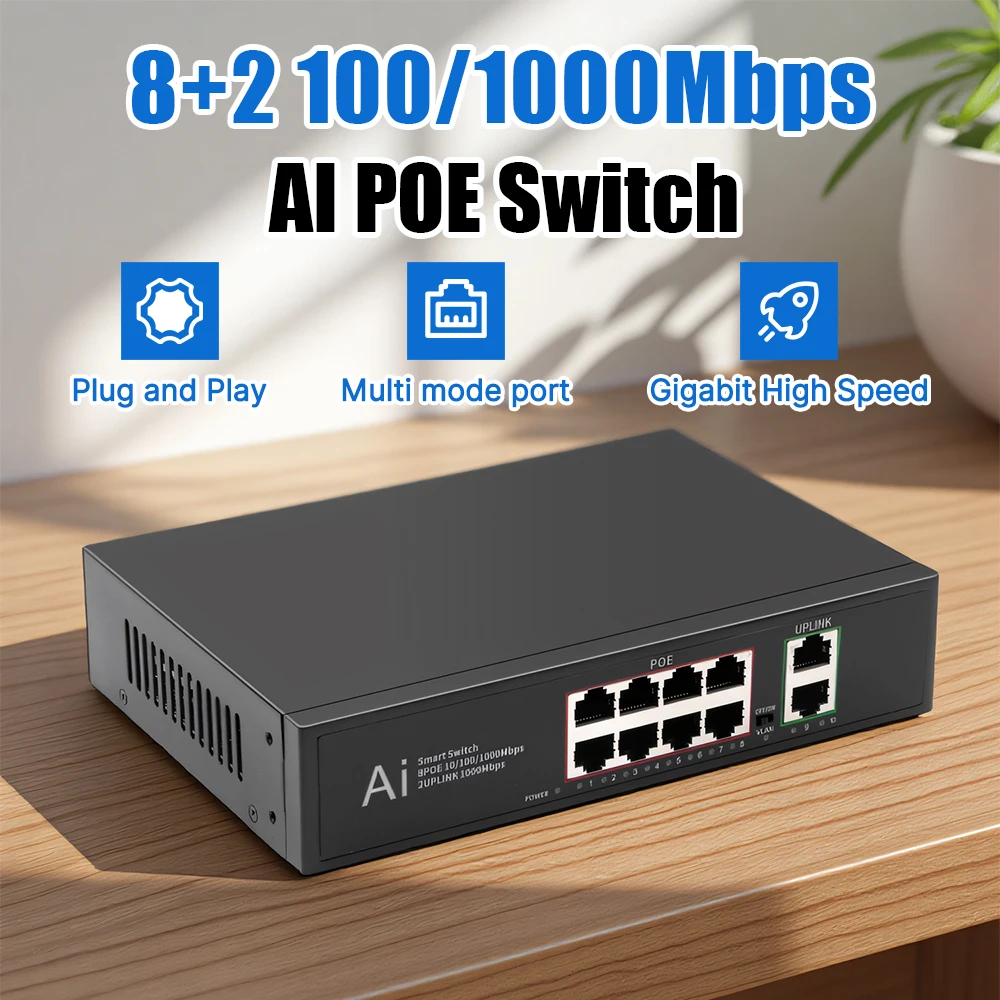 

Коммутатор POE, 10 портов, 1000 Мбит/с, 8 + 2 порта, гигабитный высокоскоростной интеллектуальный коммутатор RJ45 IEEE 802.3 AT/AF, интернет-сплиттер для Wi-Fi-маршрутизатора