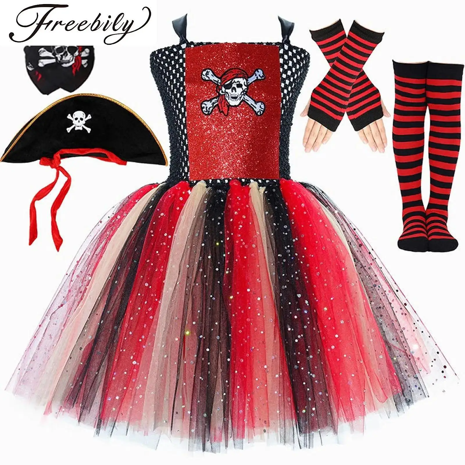 

Girls Halloween Pirate Cosplay Costume Set Skull Print Puffy Dress Sequin Tutu Dress with Pirate Hat Kerchief Gloves Sock Outfit