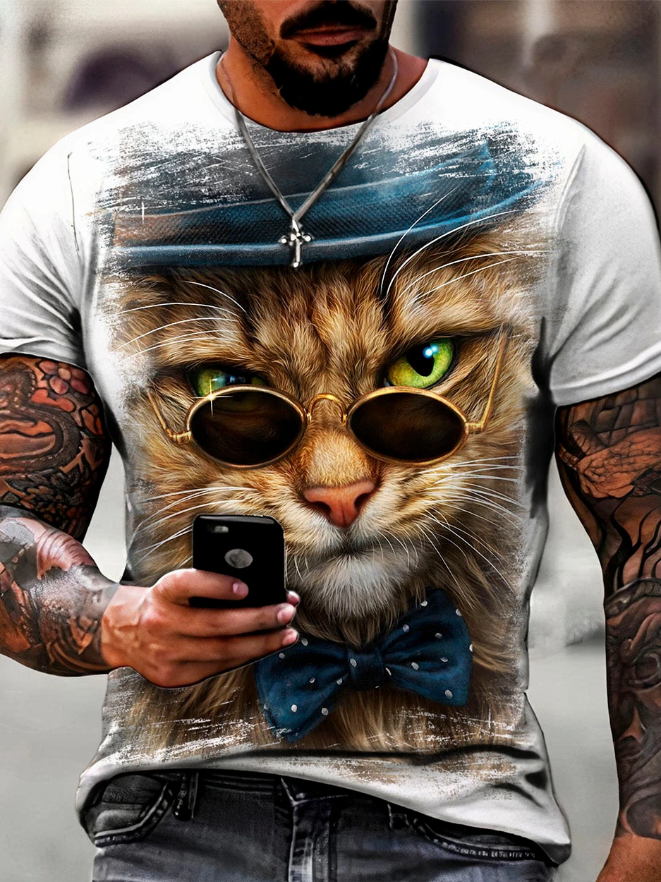 Male Trend Cat Element T Shirt For Men Daily Outdoor Fashion Regular Fit O-neck Short Sleeve Comfortable Material Clothing Tops