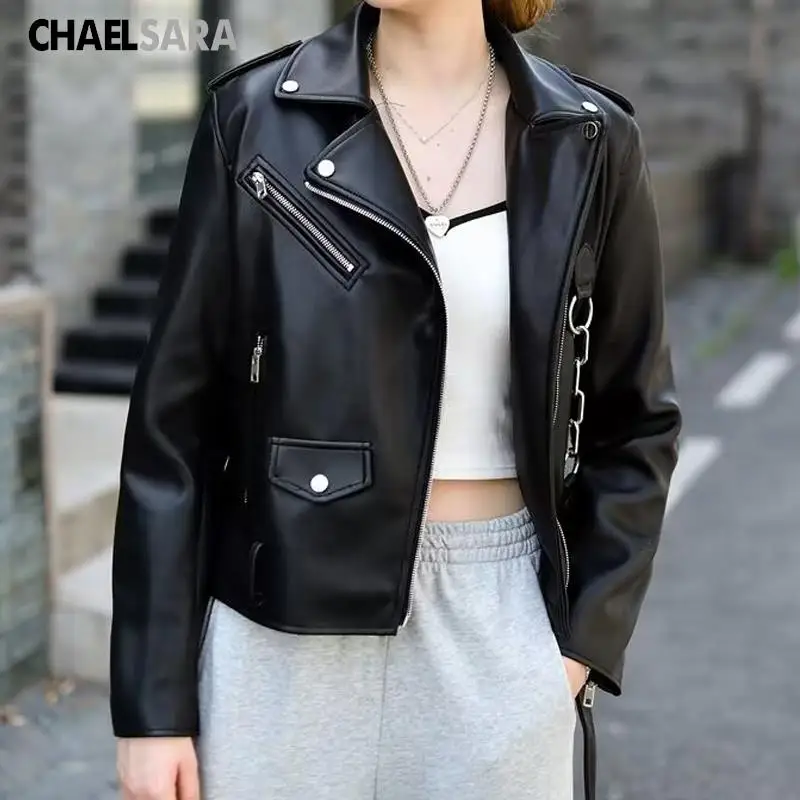 Women\'s Faux Leather Jacket with Zipper, Short Biker Outwear, Female Tops, High Quality, Spring, Autumn, Fashion, 2024