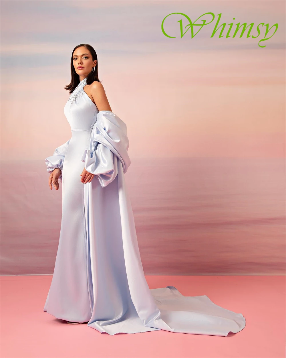 

Customized Exquisite Satin Sweep Train Evening Dress Delicate Halter Prom Dresses Formal Sleeveless Special Occasion Gowns