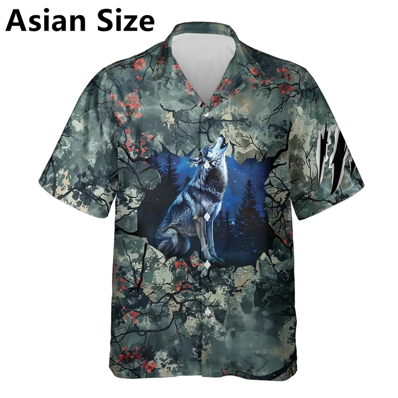 Trend Wolf Graphic Hawaiian Shirts For Men Fashion Summer Lapel Button 3D Animals Printed Blouse Loose Streetwear Cool Tops