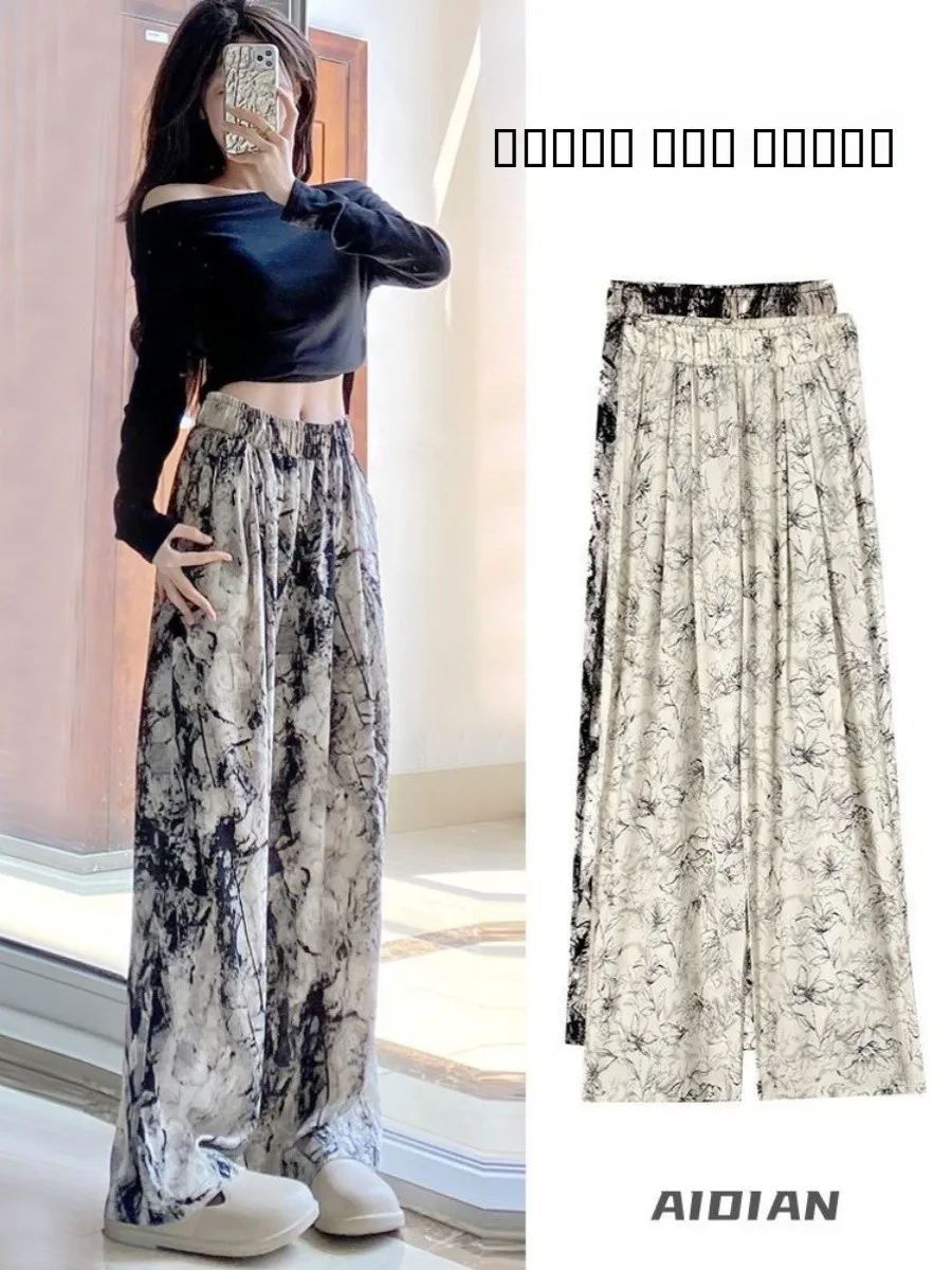 

Широкие брюки из шелкового шифона с высокой талией для женщин больших размеров, летние, с принтом в стиле тушью, повседневные, в корейском стиле, для офиса