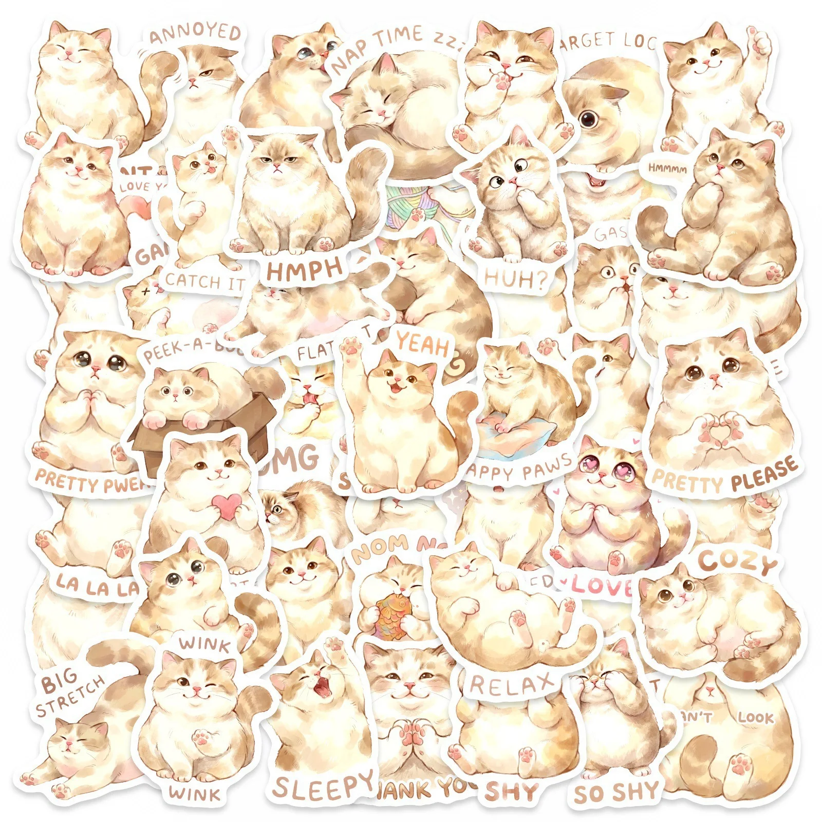 50er-Pack Niedliche Dicke Katzen Cartoon Graffiti Aufkleber Wasserfeste Sticker für Gepäck Notizbuch Handy Tablet Schülerbedarf Deko