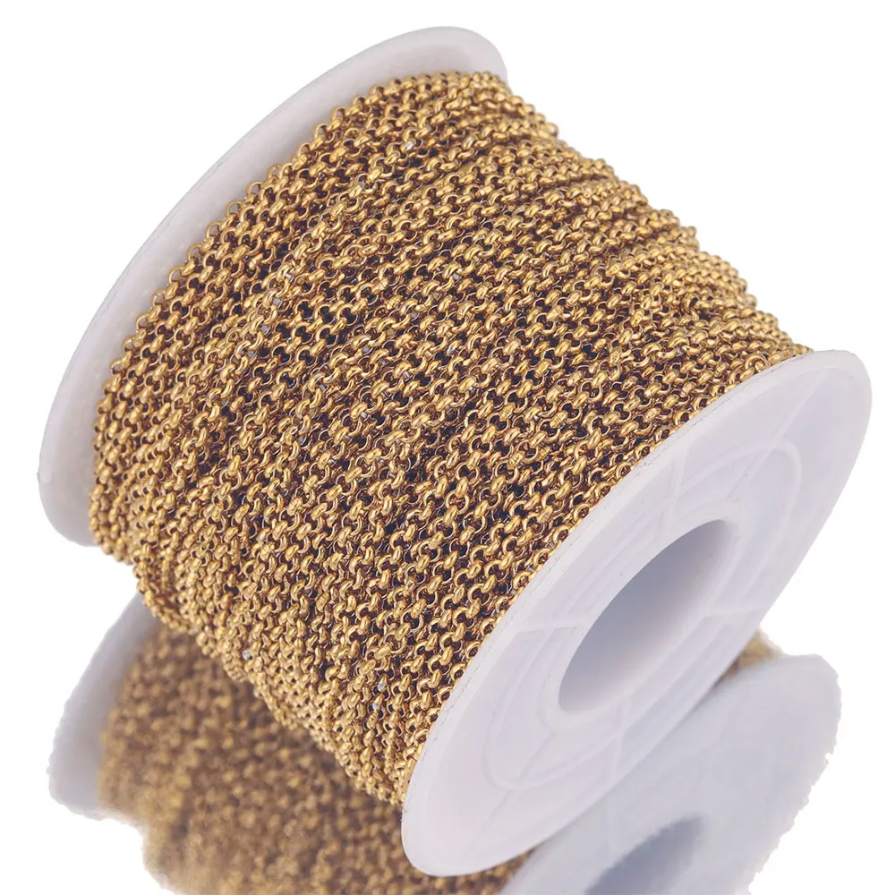 Colar de corrente de ouro para fazer jóias DIY, aço inoxidável, O rolo, itens a granel suprimentos, artesanato por atacado, 2m largura, 2mm