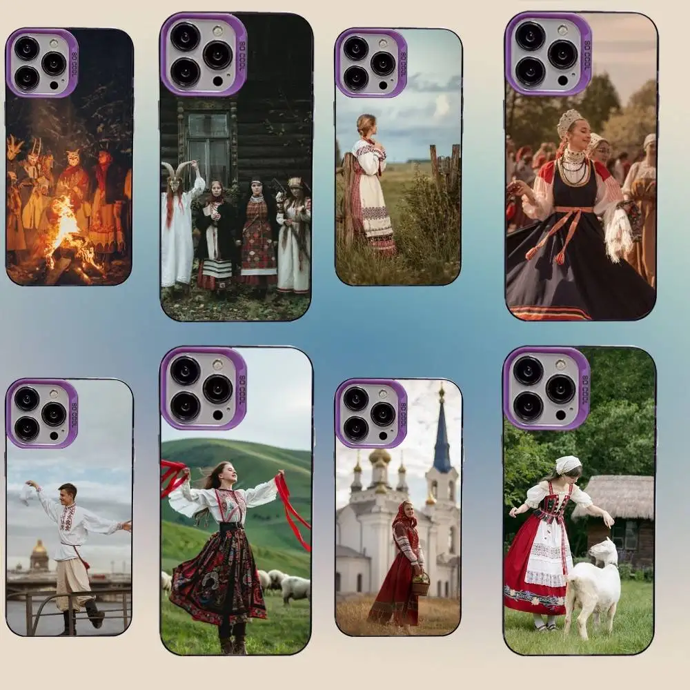 

Russian traditional costumes Phone Case For iPhone 16,15,14,13,12,11,Mini,Pro,SE,MAX,plus,Purple Matte Silicone Cover