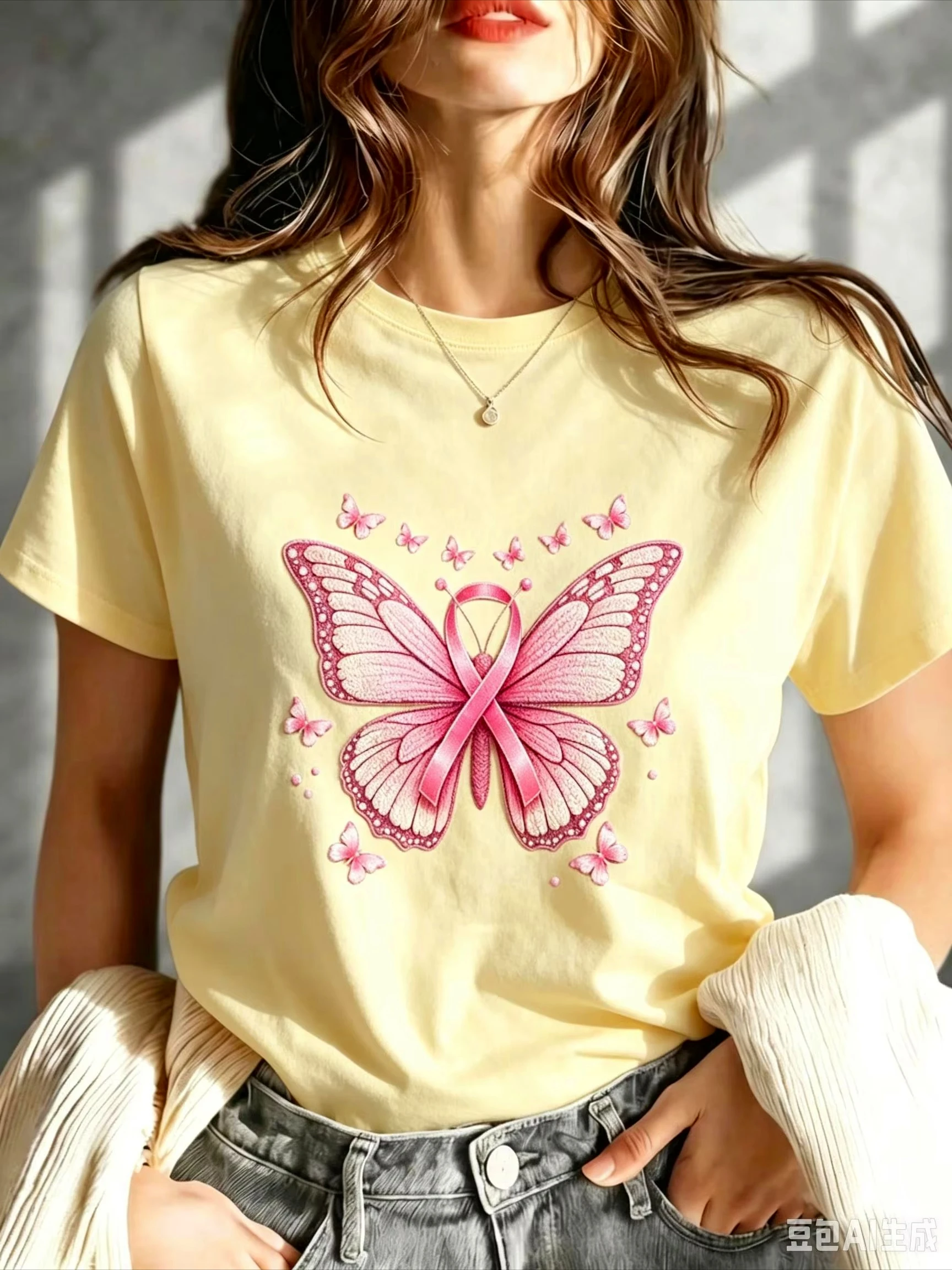 Women Casual Graphic Tee Pink Butterfly Ribbon Print Short Sleeve Crew Neck Summer Outfit Meaningful Women Daily Cozy Simple Tee